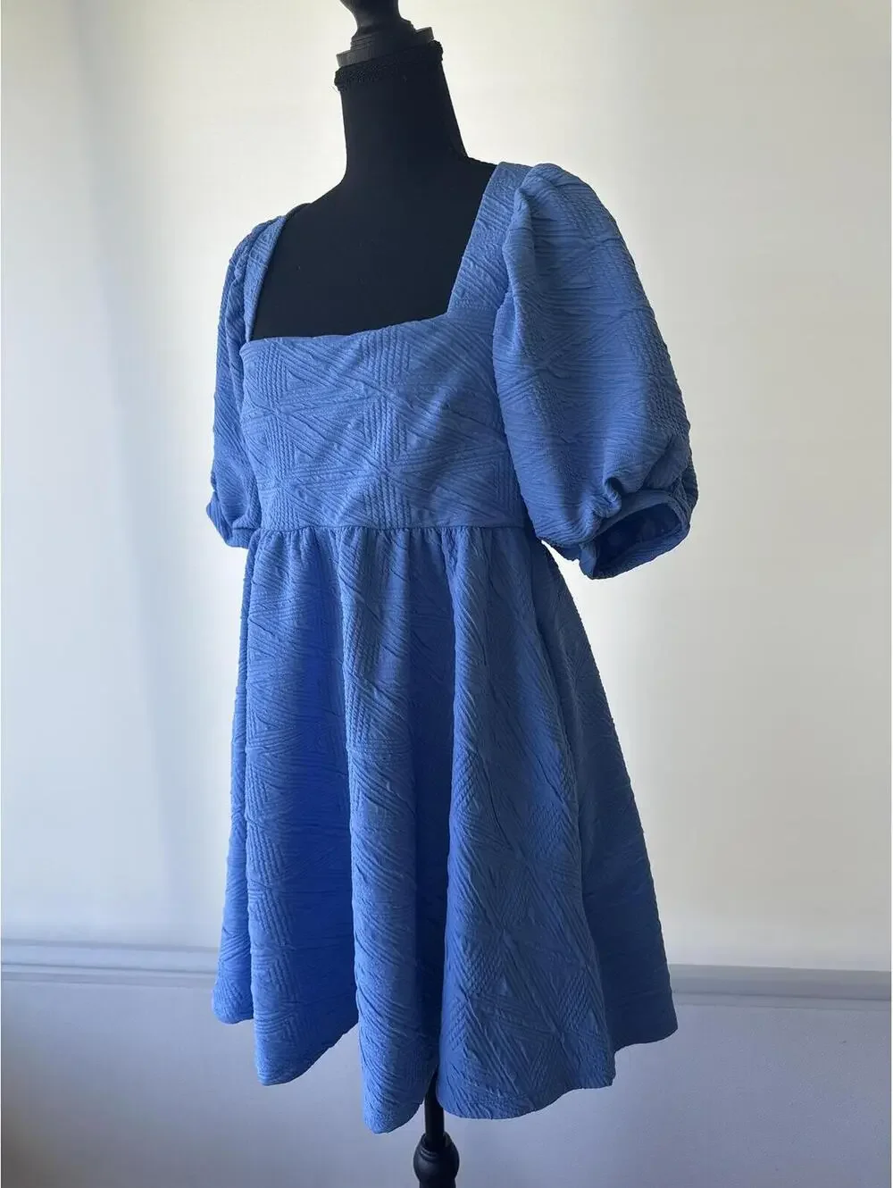 Free People Blue Mini Dress M Puff Sleeve Textured Open Back Tie - Picture 5 of 8